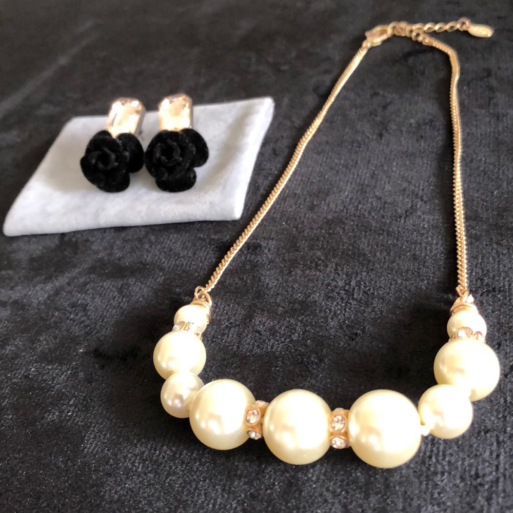 Aldo Pearl Necklace & Black Velvet Rose Earrings